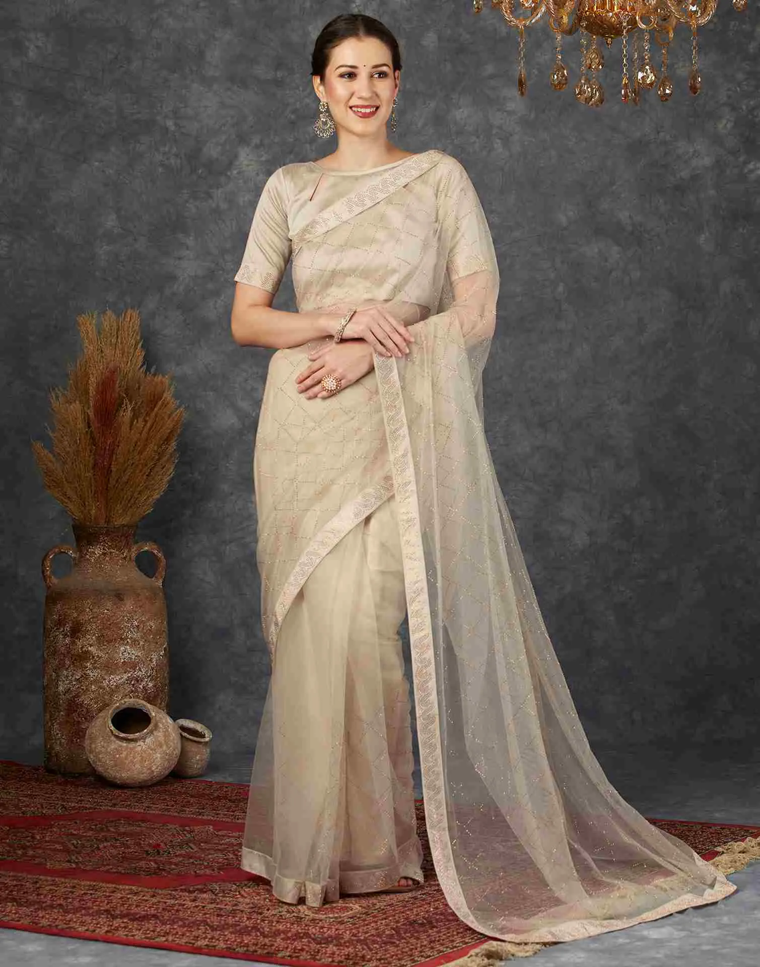 Light Beige Net Plain Printed Saree