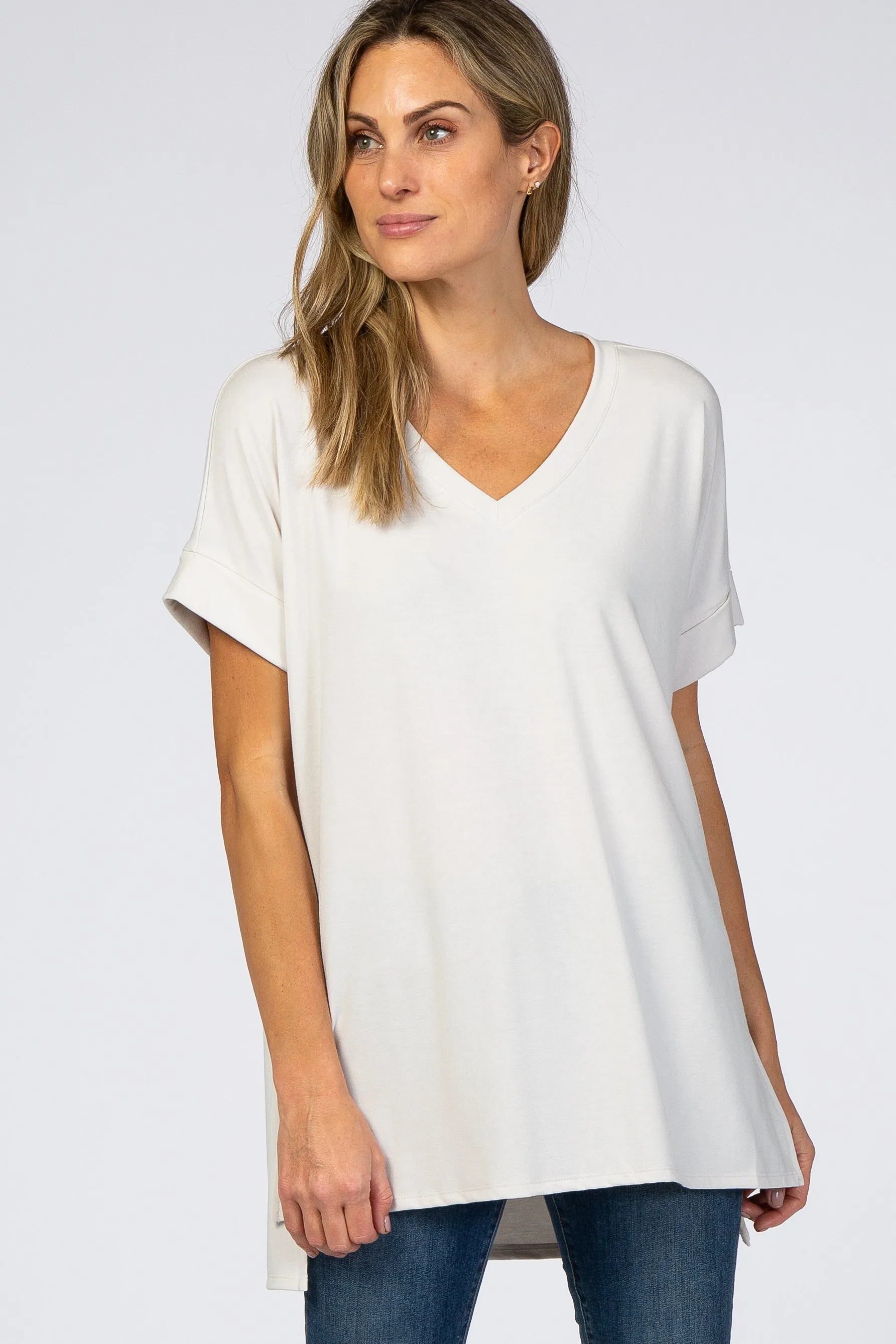 Light Beige V-Neck Cuffed Short Sleeve Top