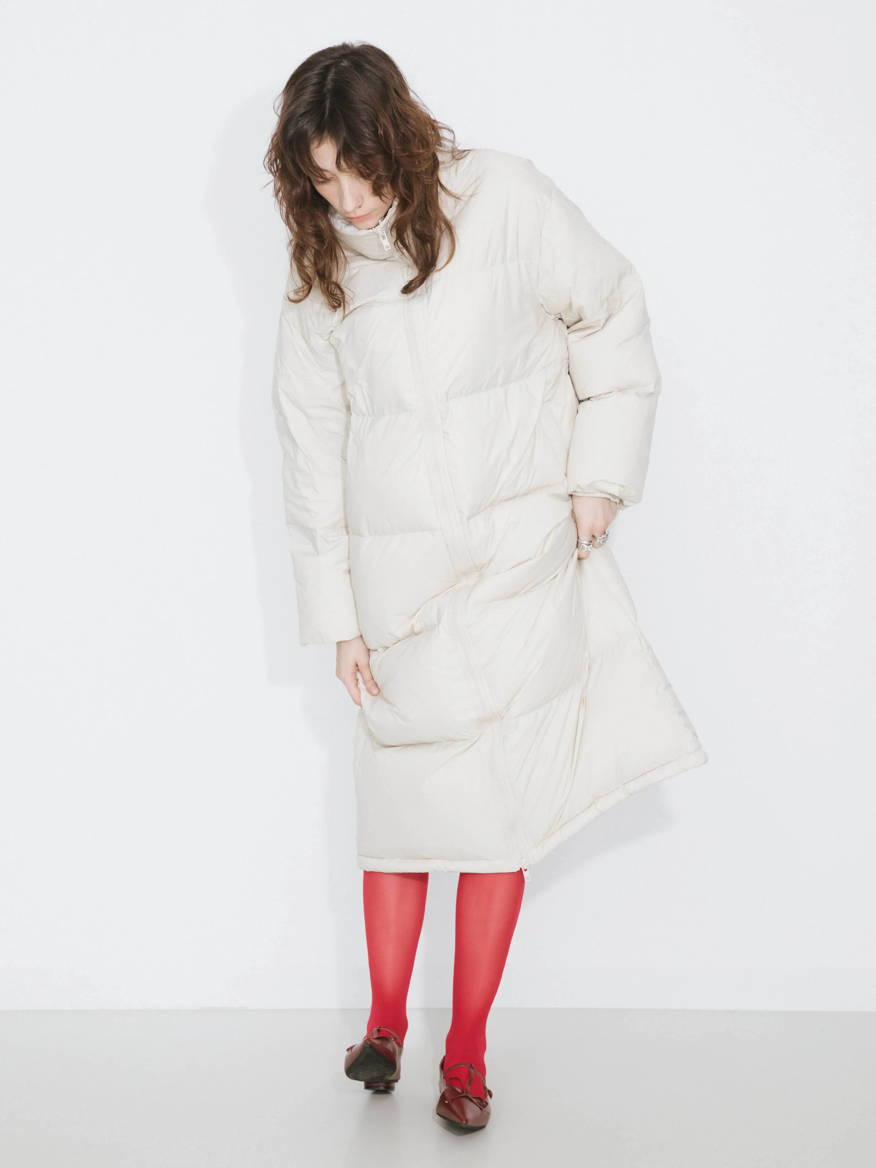 Long High Neck Zip Up Cocoon Down Coat