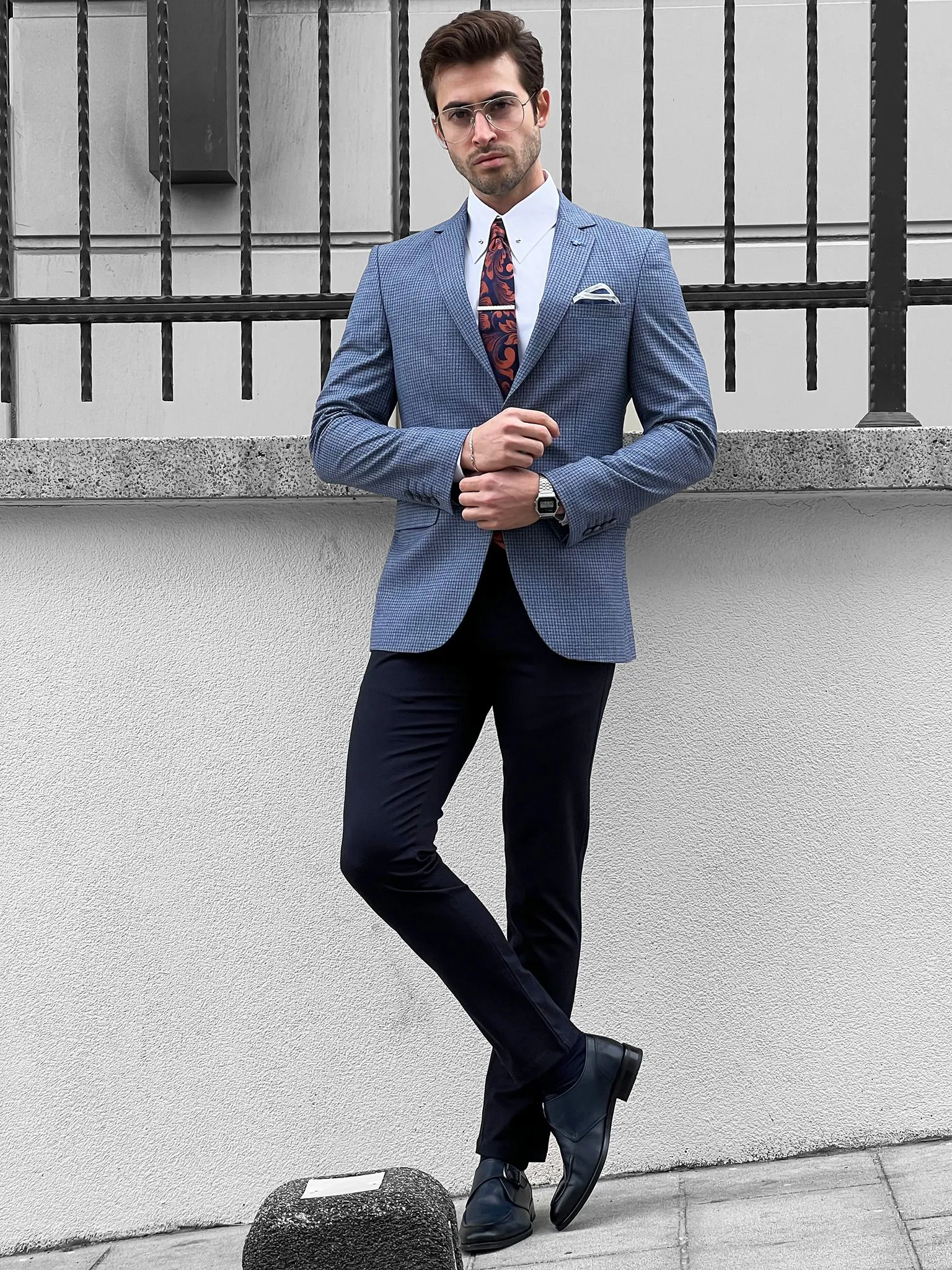 Louis Slim Fit High Quality Blue & Gray Blazer