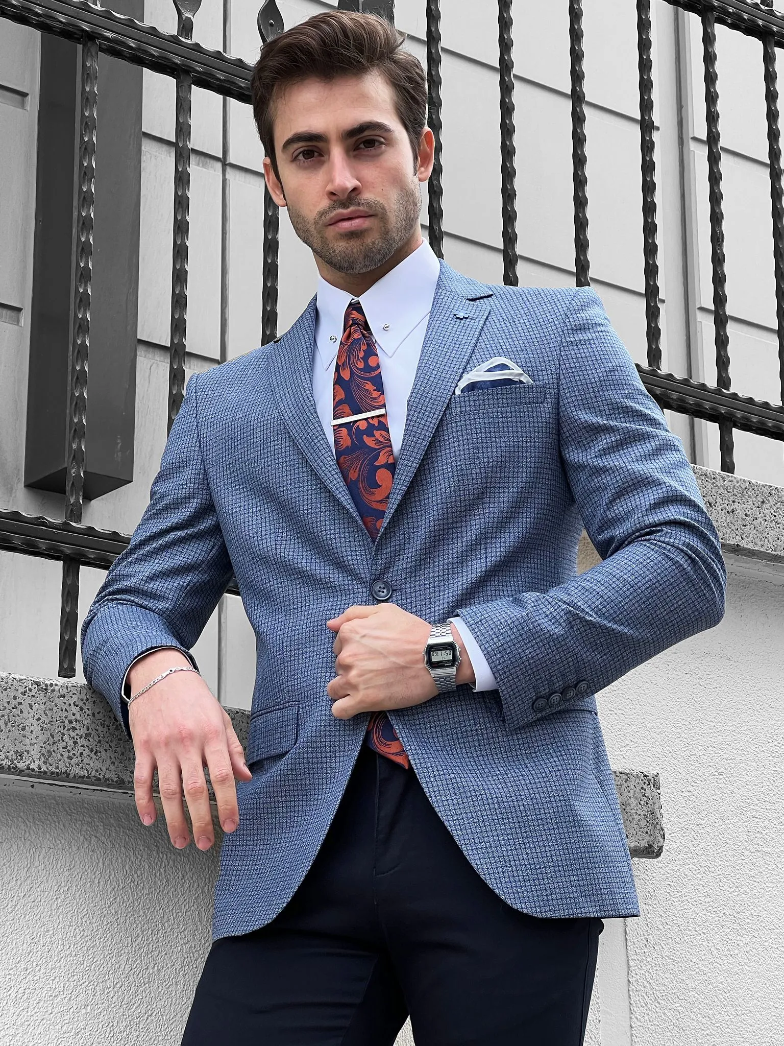 Louis Slim Fit High Quality Blue & Gray Blazer