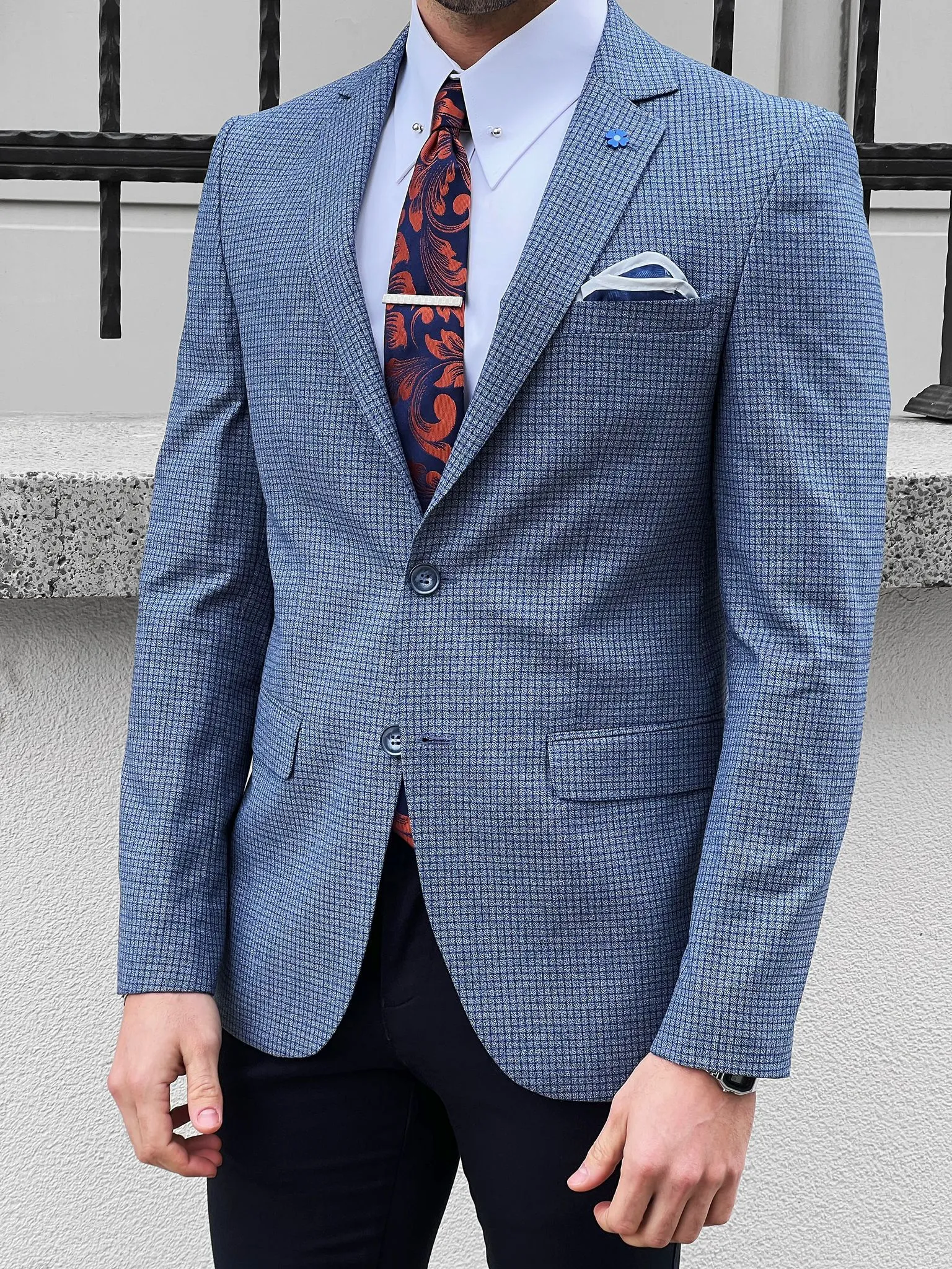 Louis Slim Fit High Quality Blue & Gray Blazer