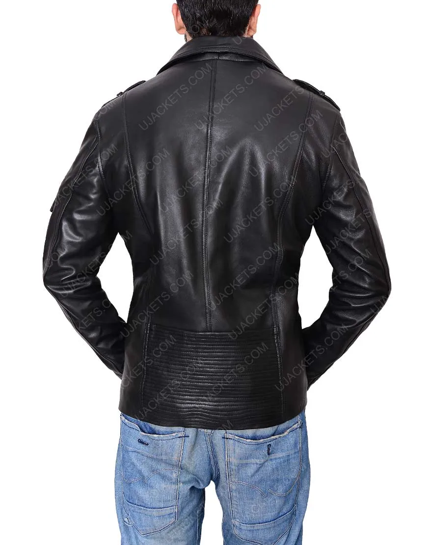 Men Asymmetrical Zip Black Genuine Leather Jacket For Sale