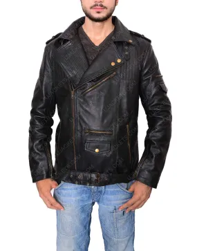 Men Asymmetrical Zip Black Genuine Leather Jacket For Sale