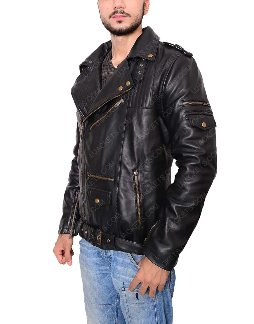 Men Asymmetrical Zip Black Genuine Leather Jacket For Sale