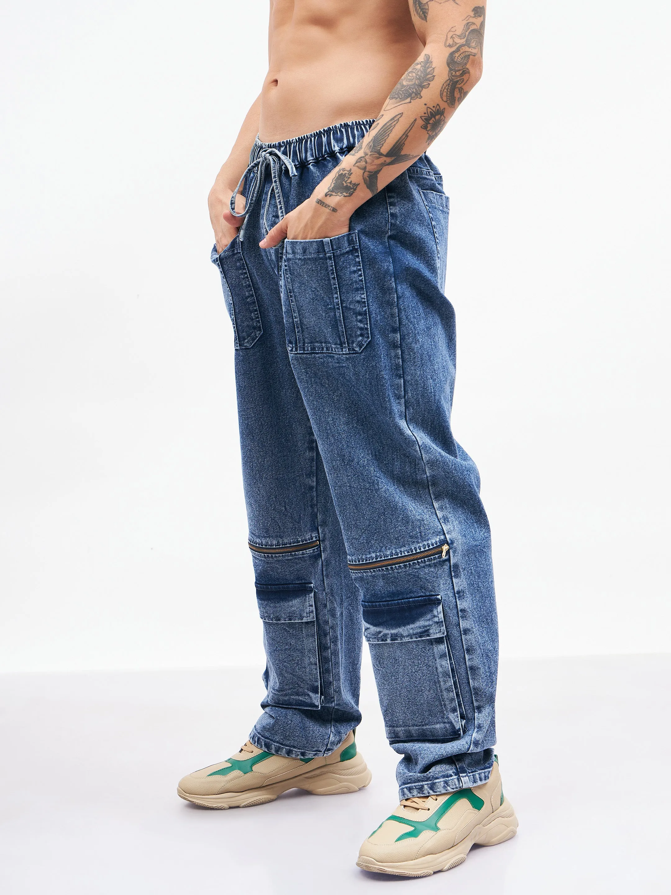 Men Blue Front Zipper Baggy Fit Jeans