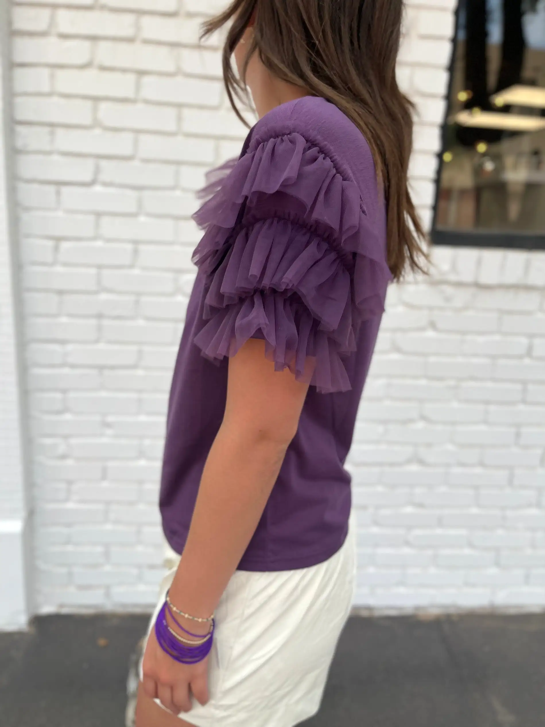 Mesh Lace Ruffled Sleeve Knit Top- Purple