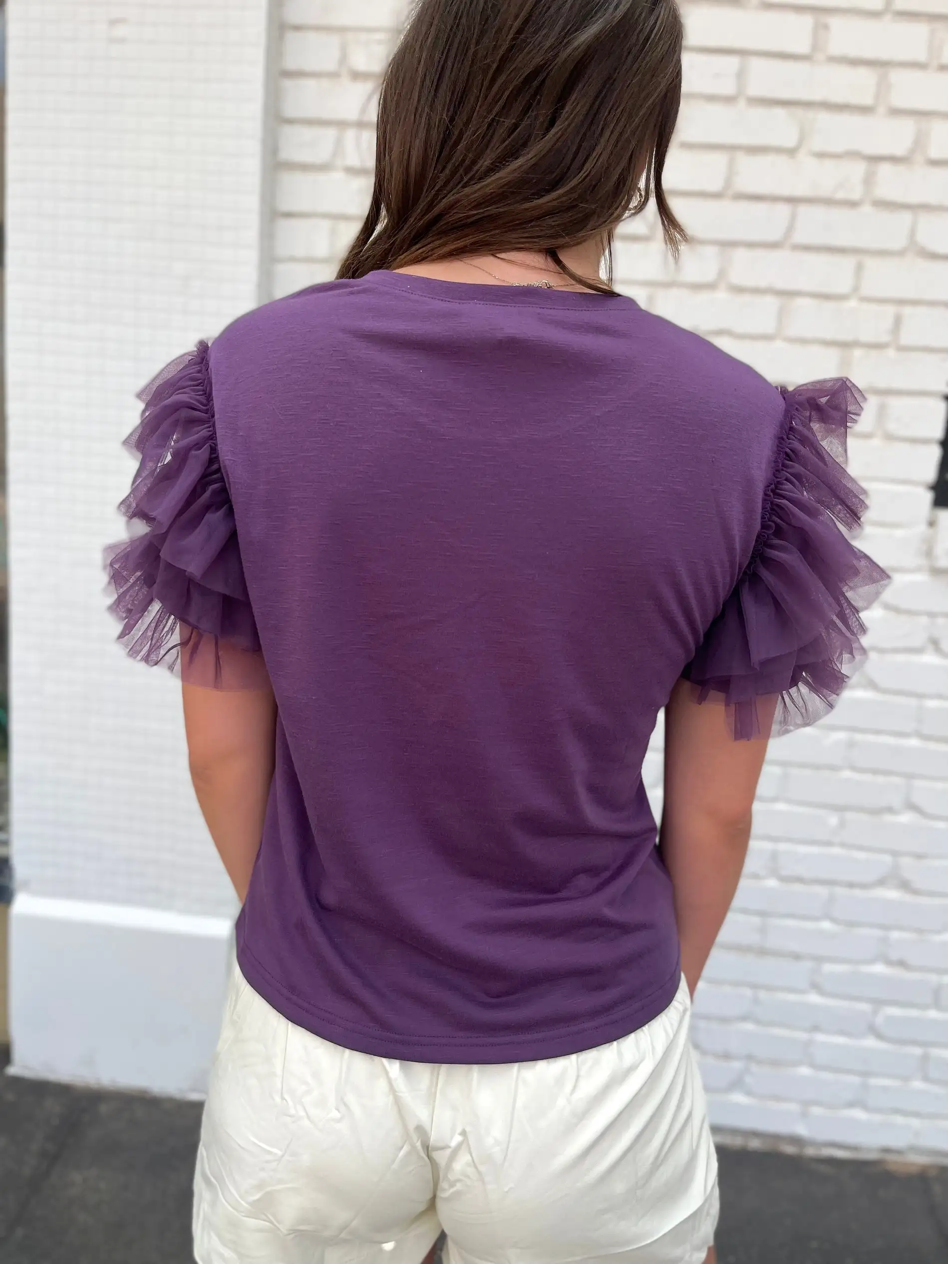 Mesh Lace Ruffled Sleeve Knit Top- Purple