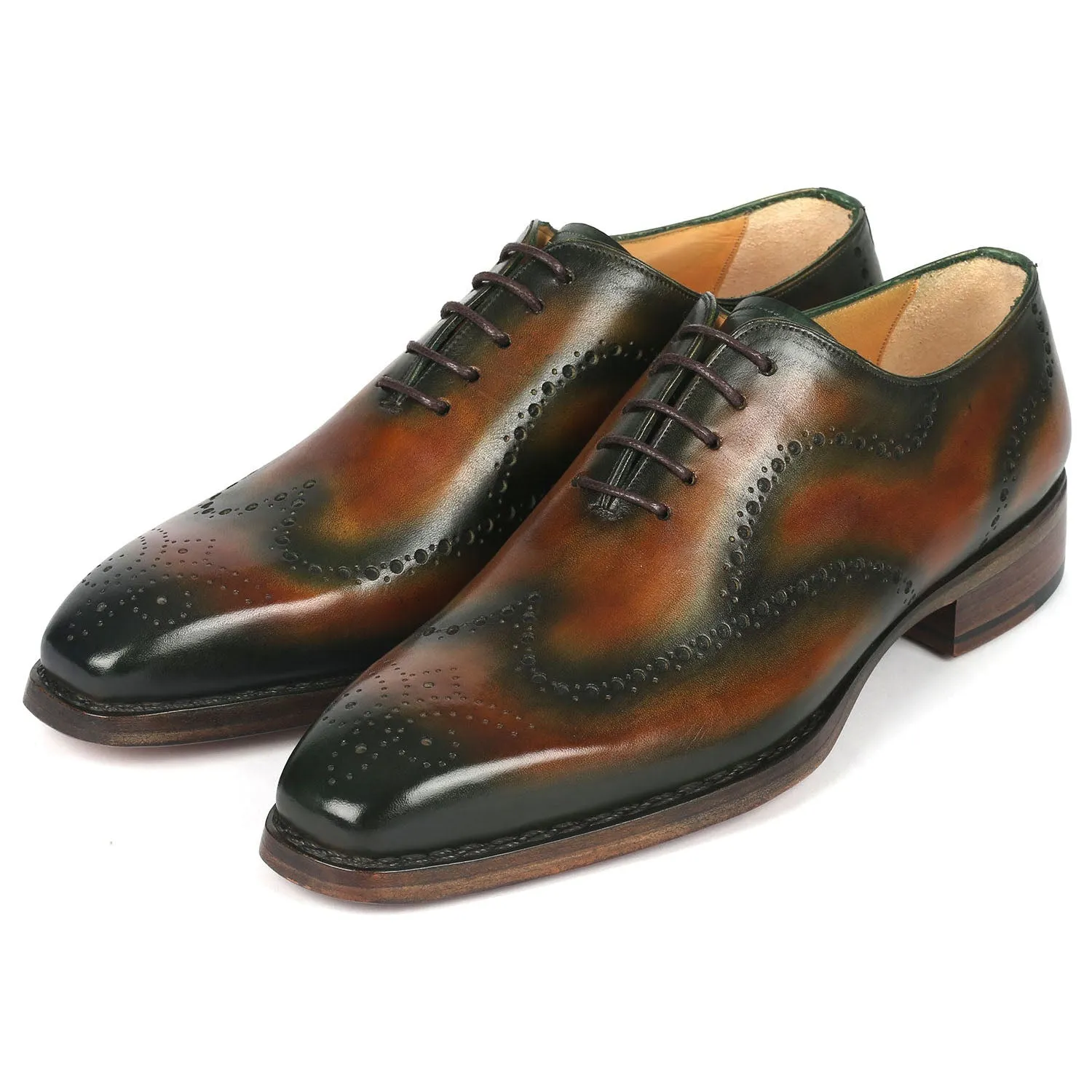 Paul Parkman 081-036 Men's Shoes Brown & Green Calf-Skin Leather Goodyear Welted Oxfords (PM6367)