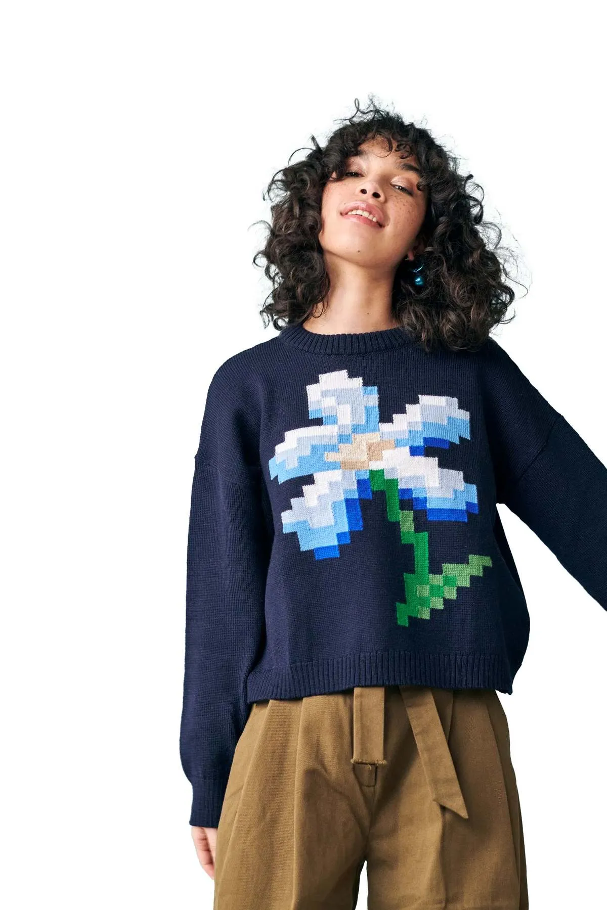 Pixel Flower Sweater - Navy