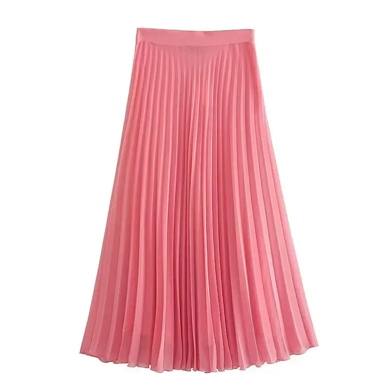 Pleated Long Skirt Side Zipper High Waist Female Satin Skirt