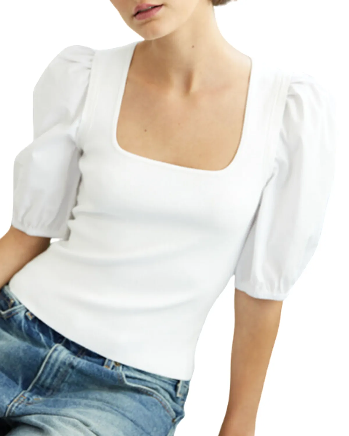 Poplin Puff Sleeve Square Neck Knit Top (White)