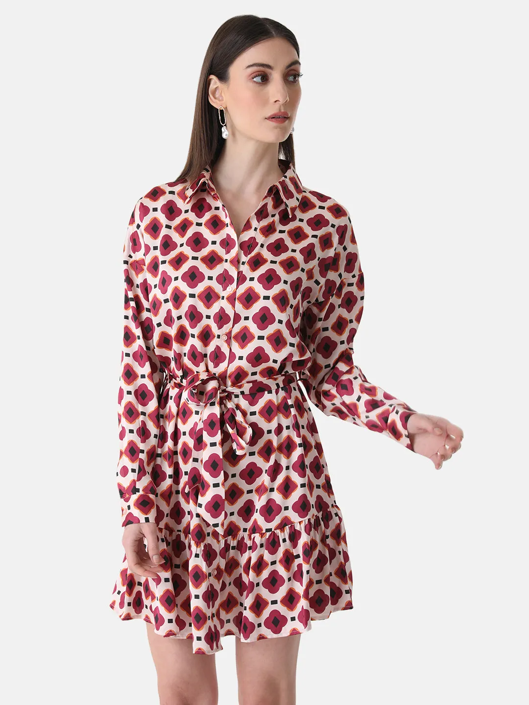 Printed Shirt Dress With Belt