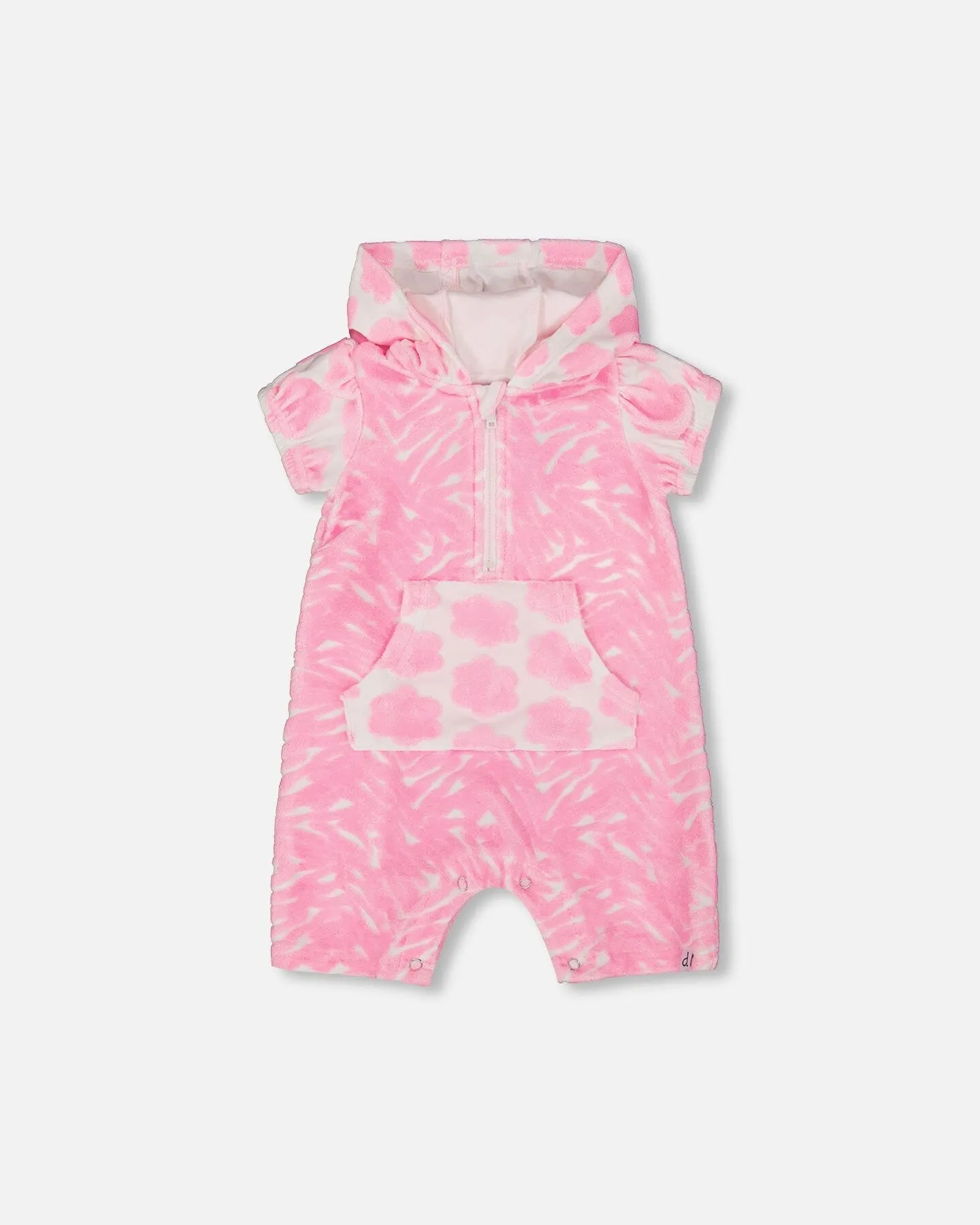 Printed Terry Romper With Hood Vibrant Pink And White