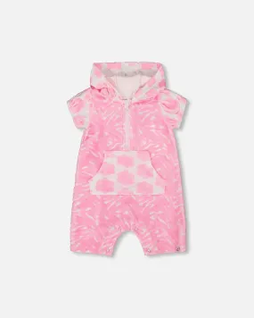 Printed Terry Romper With Hood Vibrant Pink And White