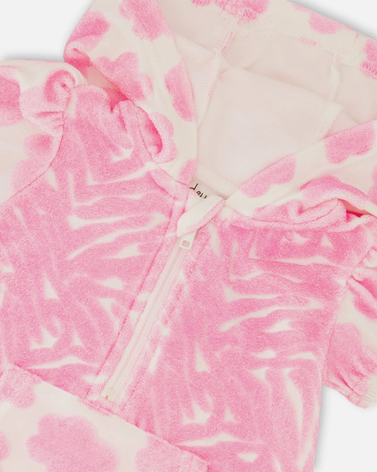 Printed Terry Romper With Hood Vibrant Pink And White