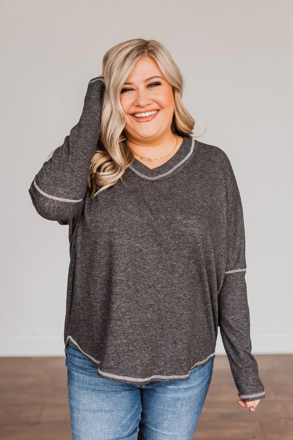 Purely Stunning Long Sleeve Knit Top- Charcoal