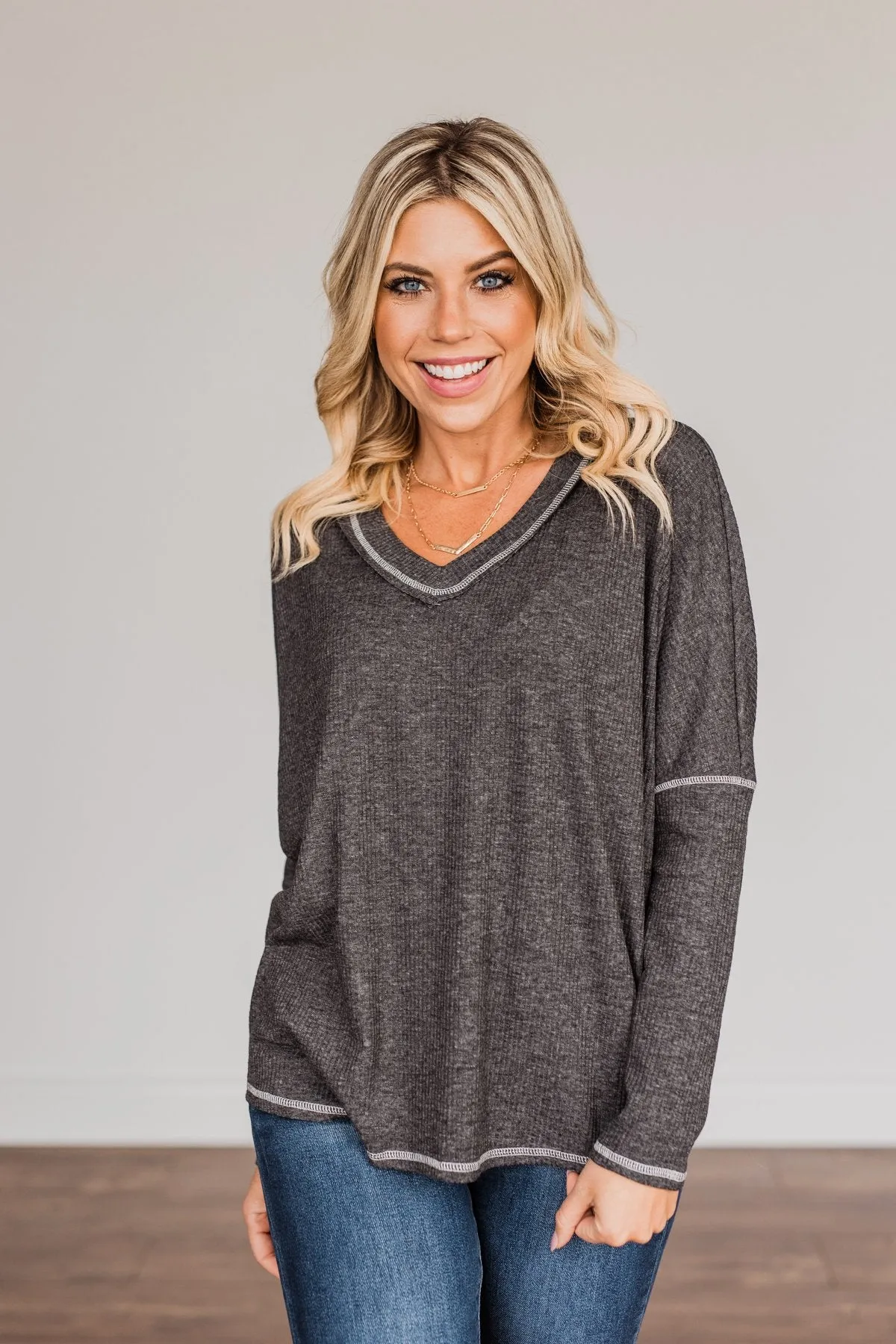 Purely Stunning Long Sleeve Knit Top- Charcoal