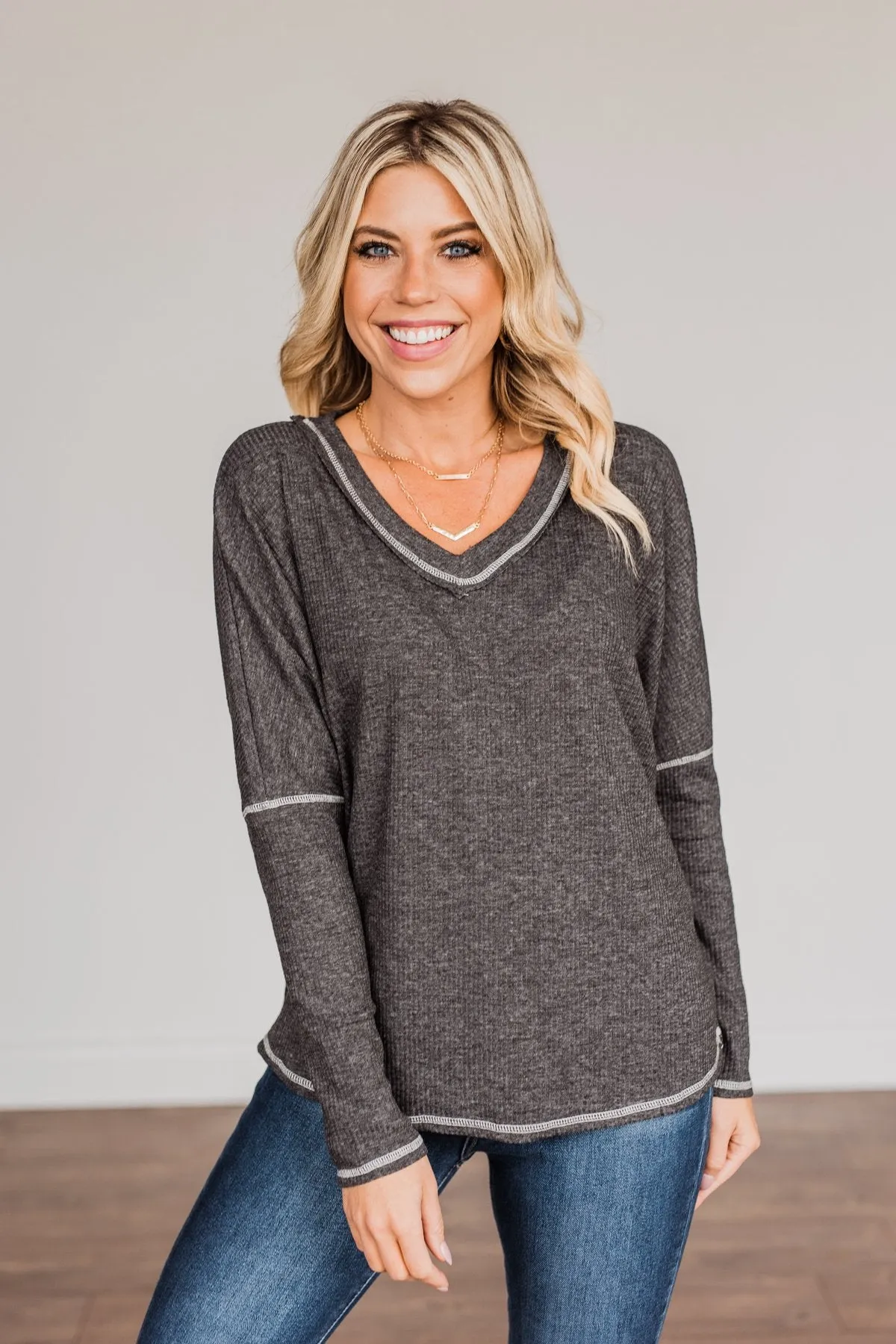 Purely Stunning Long Sleeve Knit Top- Charcoal