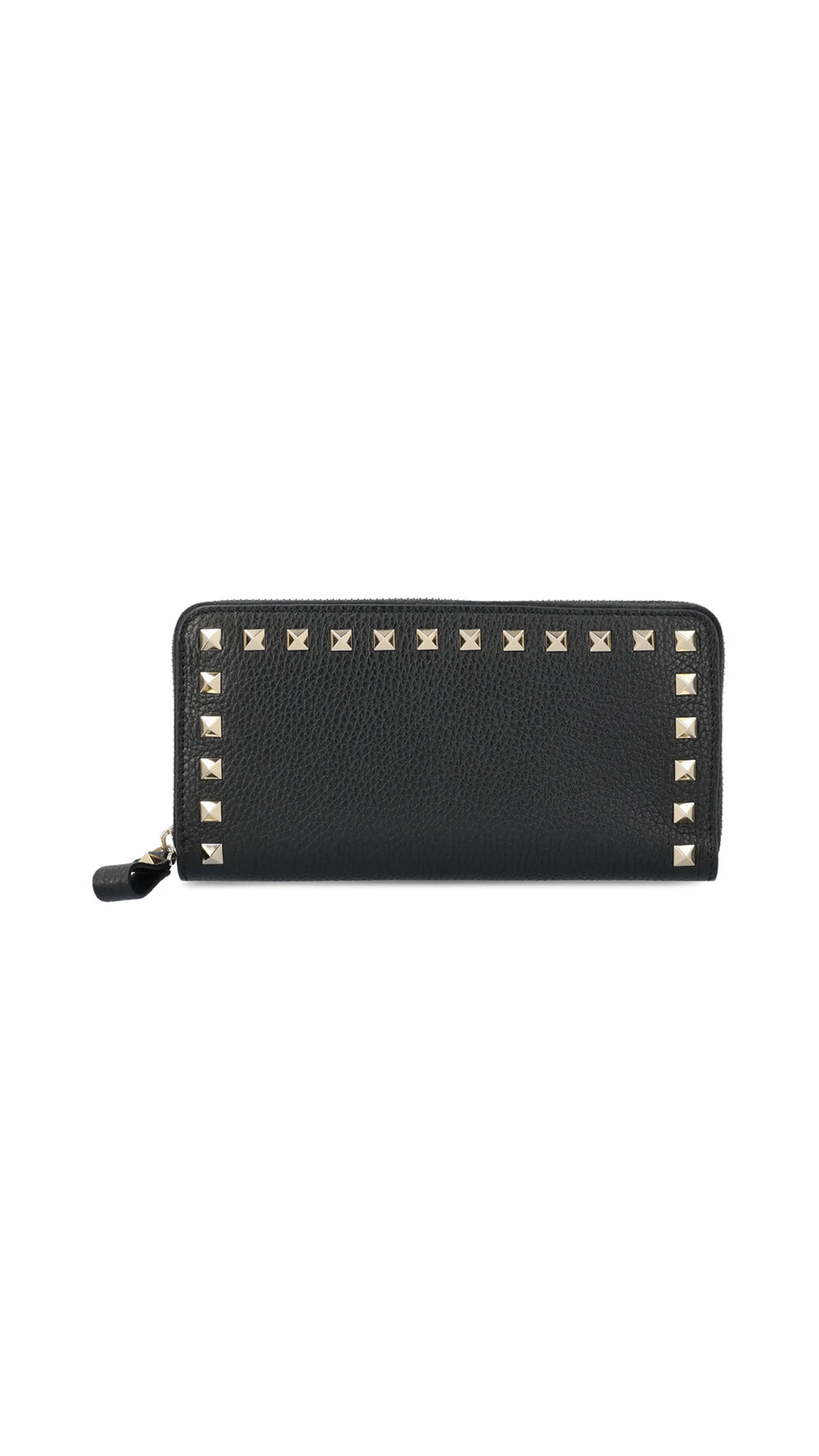 Rockstud Grainy Calfskin Zipped Wallet - Black