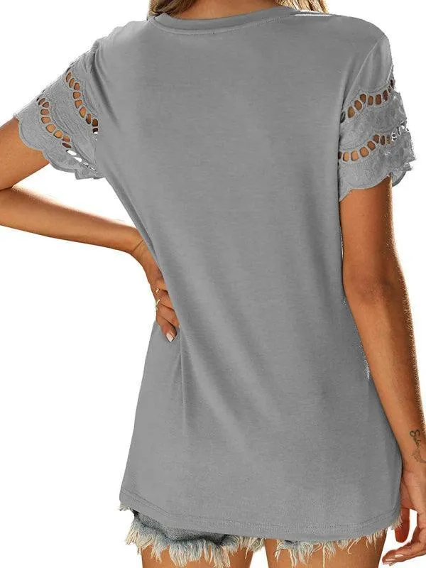 Short Sleeve Solid Lace Knit Women Top