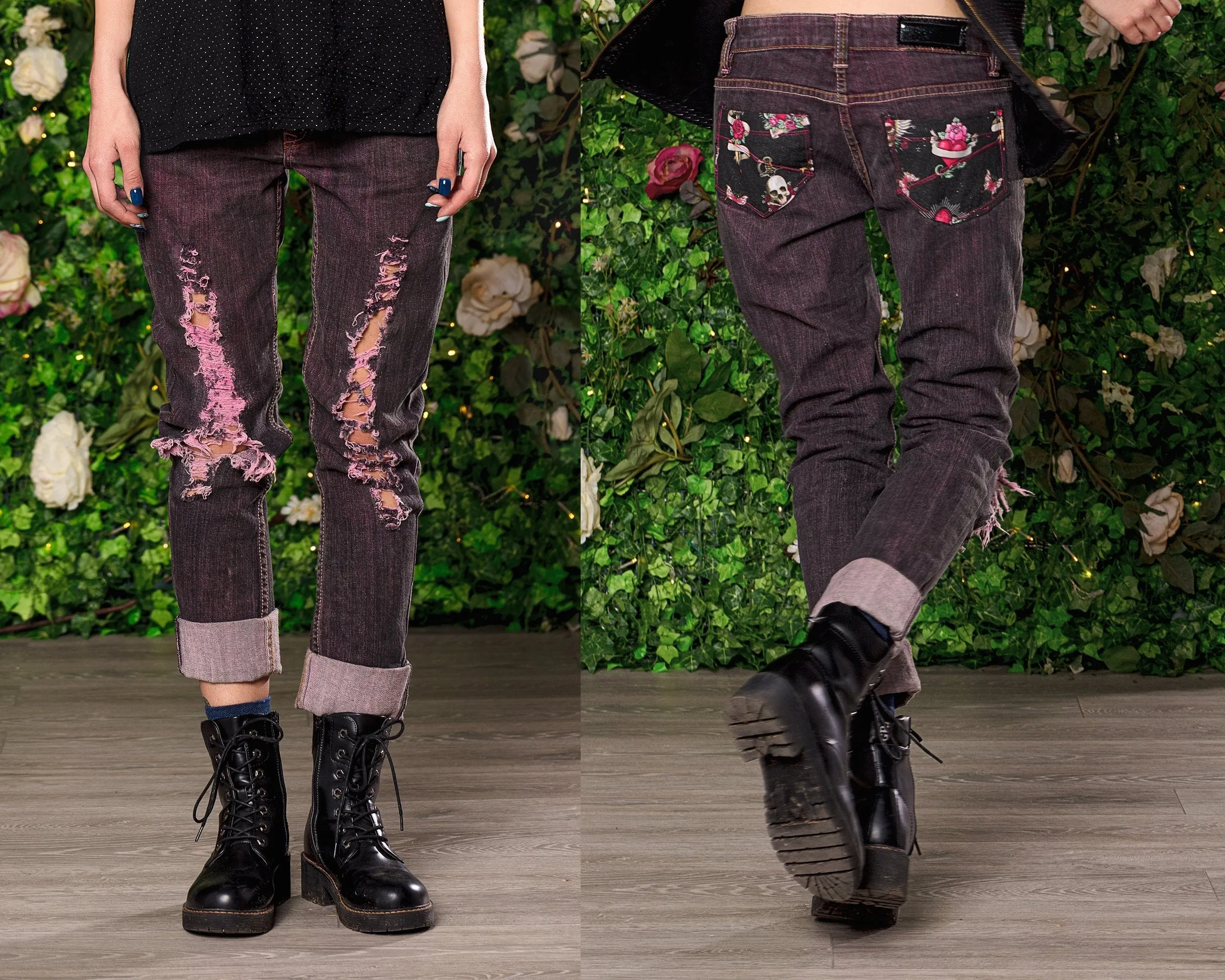 Skull tattoo flash print ripped dark magenta skinny jeans  | Size L