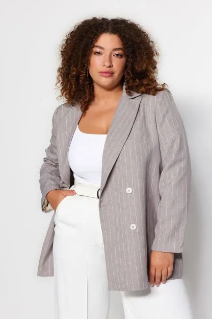 Striped Double Closure Double Breasted Closure Lined Plus Size Woven Jacket