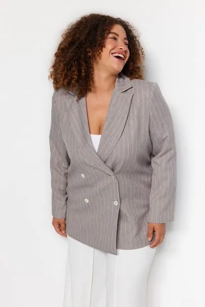 Striped Double Closure Double Breasted Closure Lined Plus Size Woven Jacket