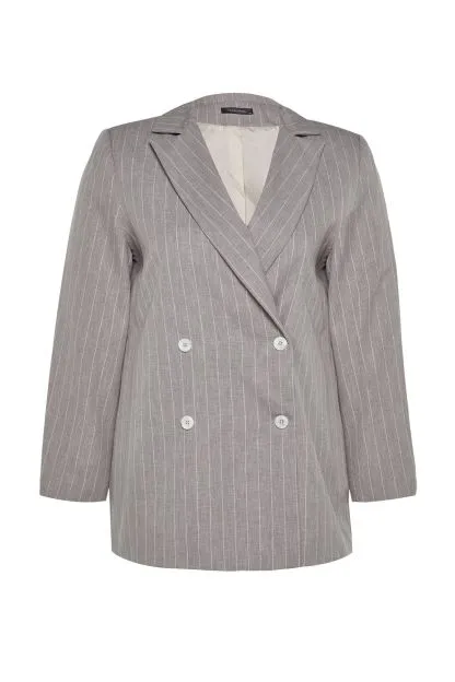 Striped Double Closure Double Breasted Closure Lined Plus Size Woven Jacket