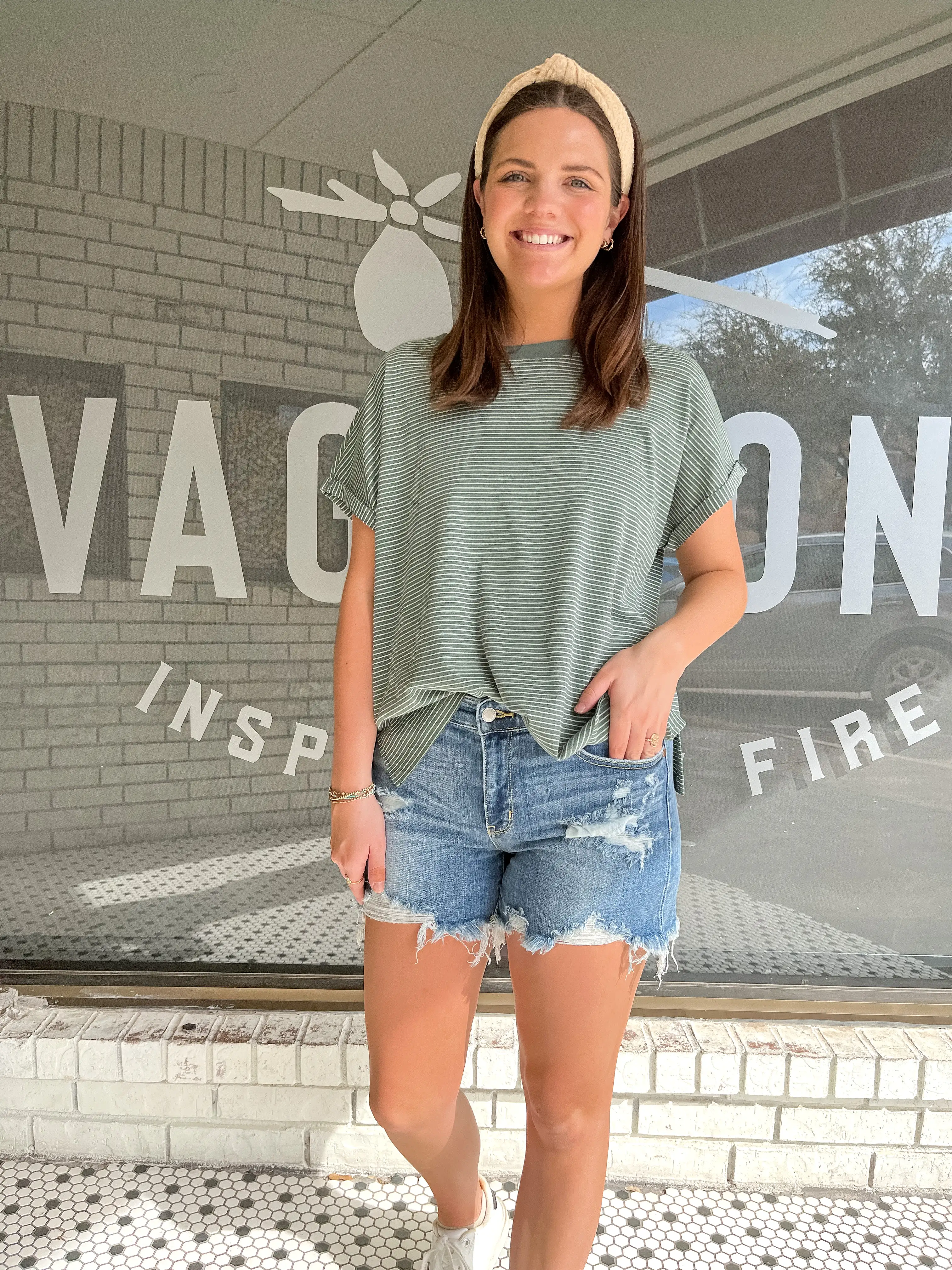 STRIPED KNIT TOP WITH CUFFED SLEEVE - GREEN