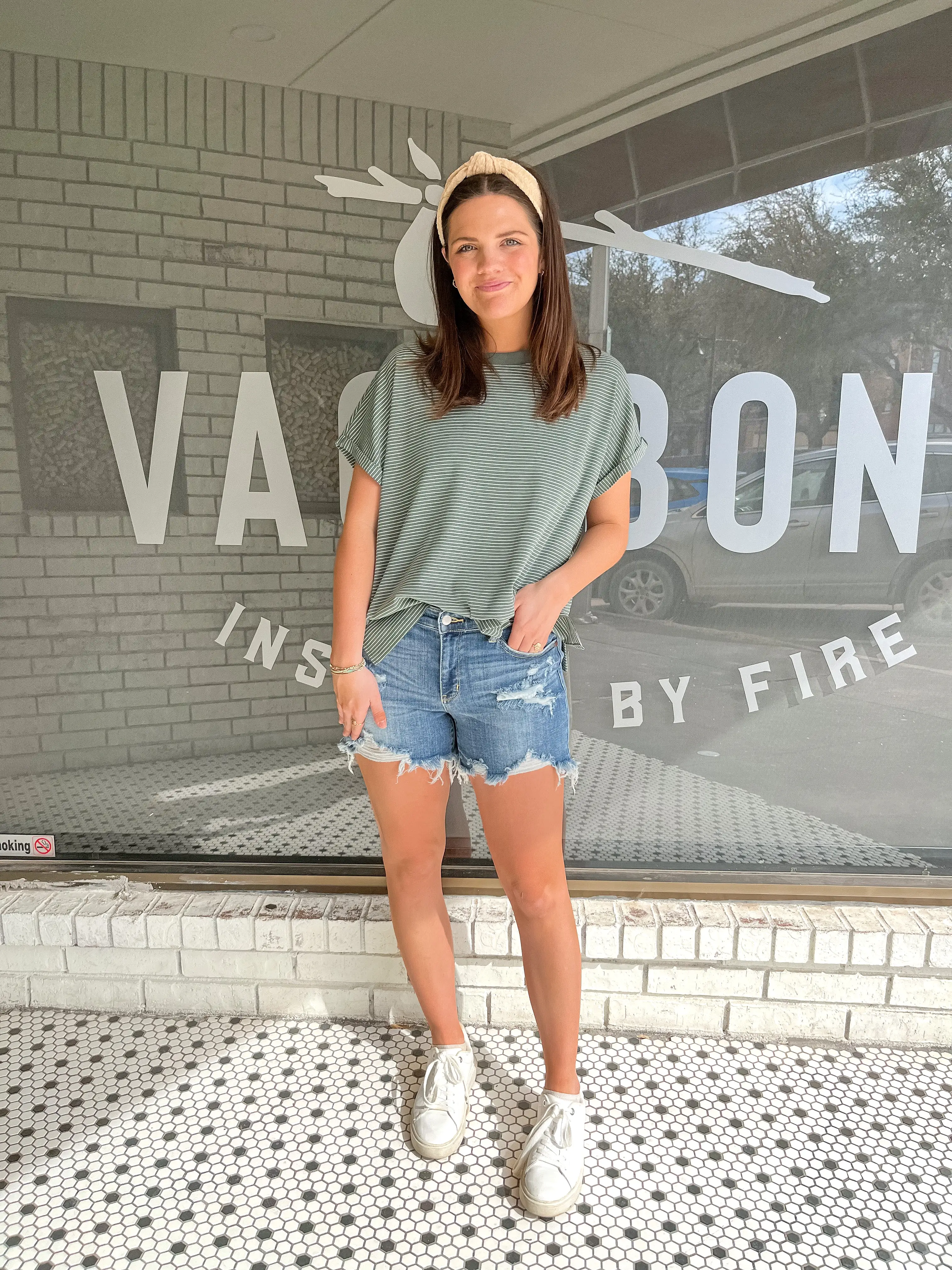 STRIPED KNIT TOP WITH CUFFED SLEEVE - GREEN