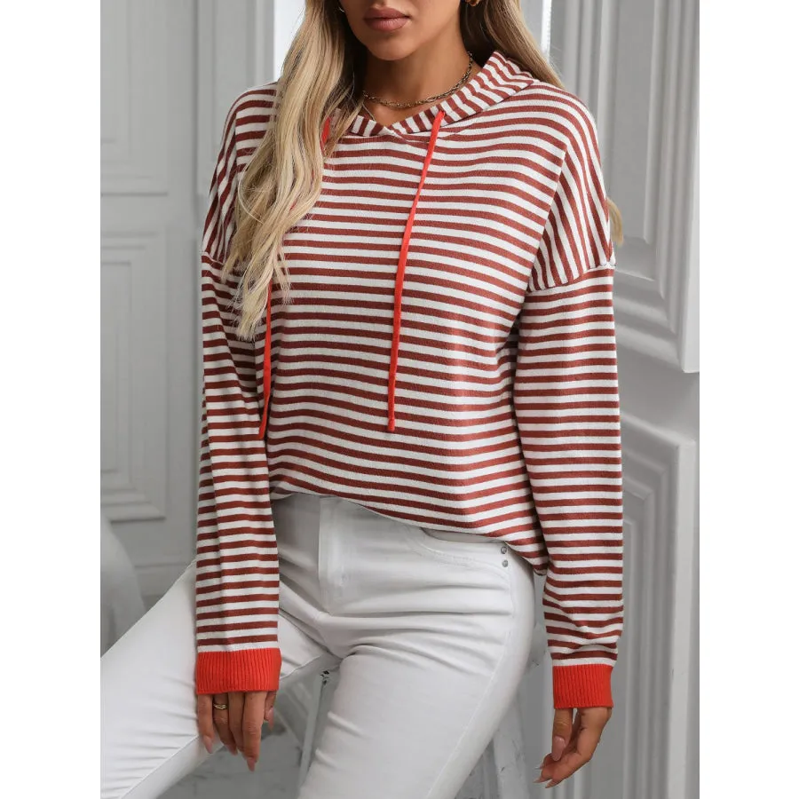 Striped Long Sleeve Hooded Knit Top