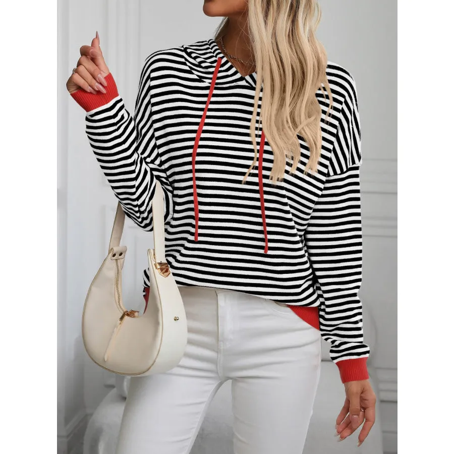 Striped Long Sleeve Hooded Knit Top