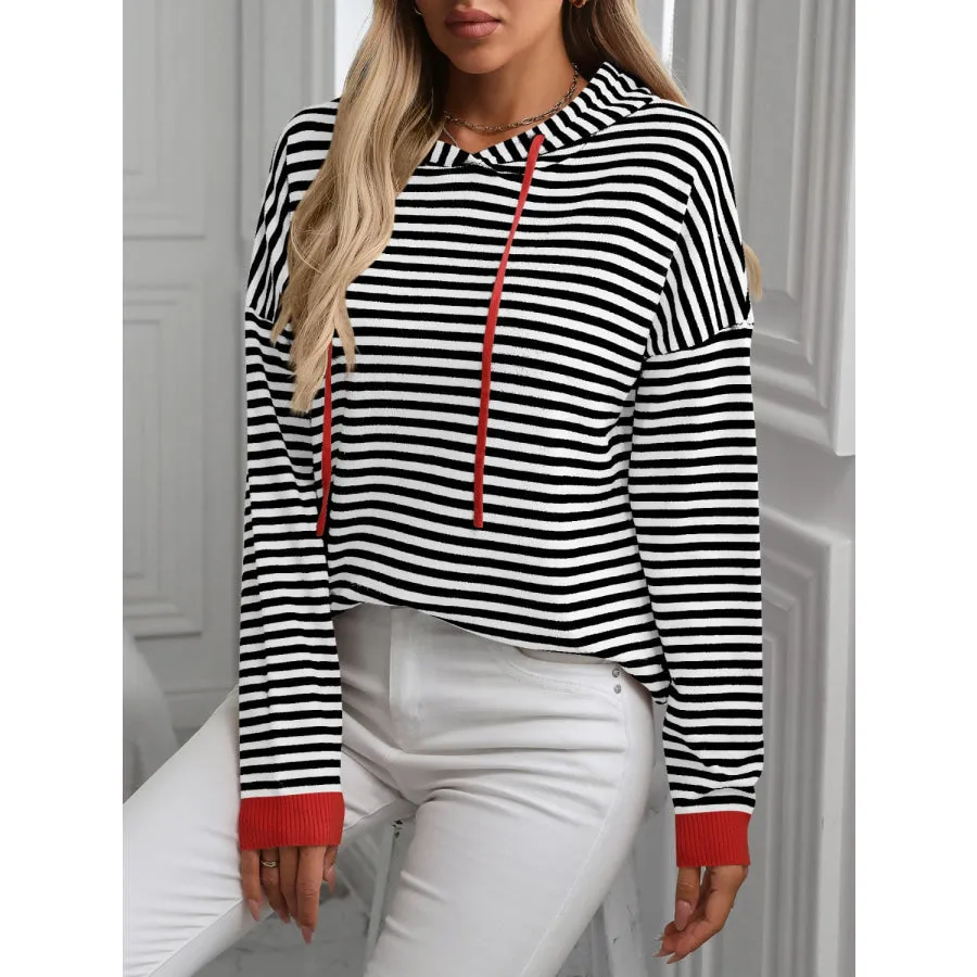 Striped Long Sleeve Hooded Knit Top