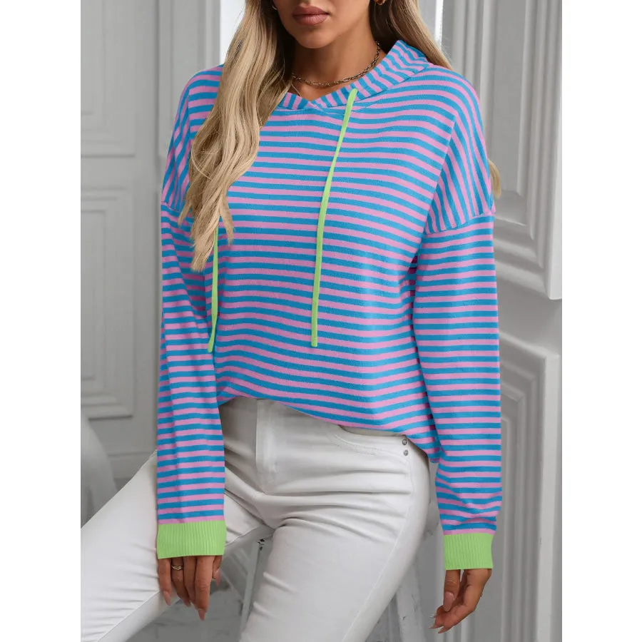 Striped Long Sleeve Hooded Knit Top