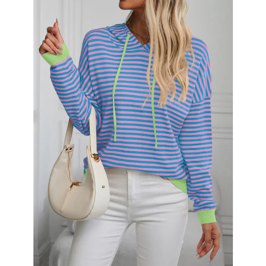 Striped Long Sleeve Hooded Knit Top