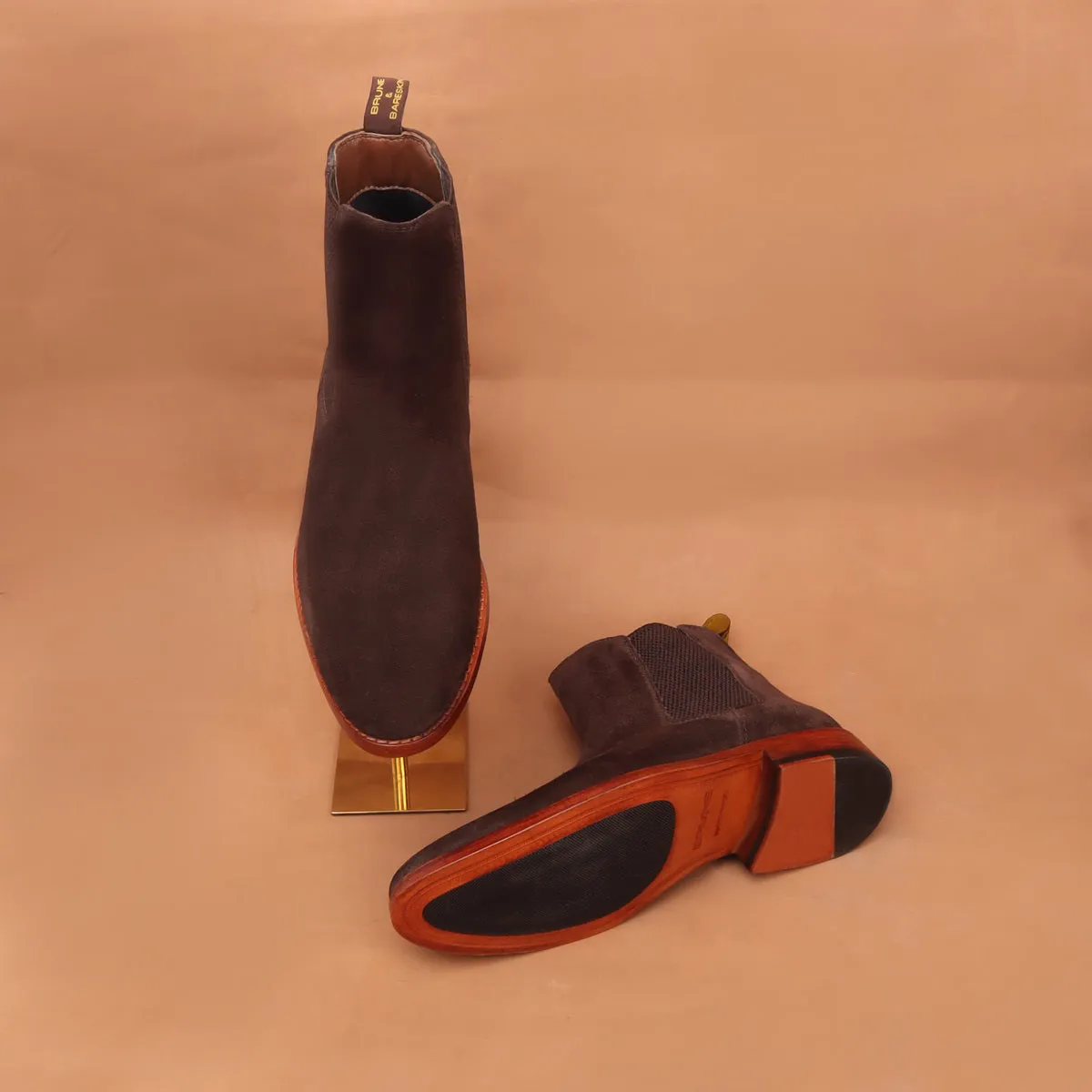 Suede Leather Chelsea Boot In Dark Brown Color