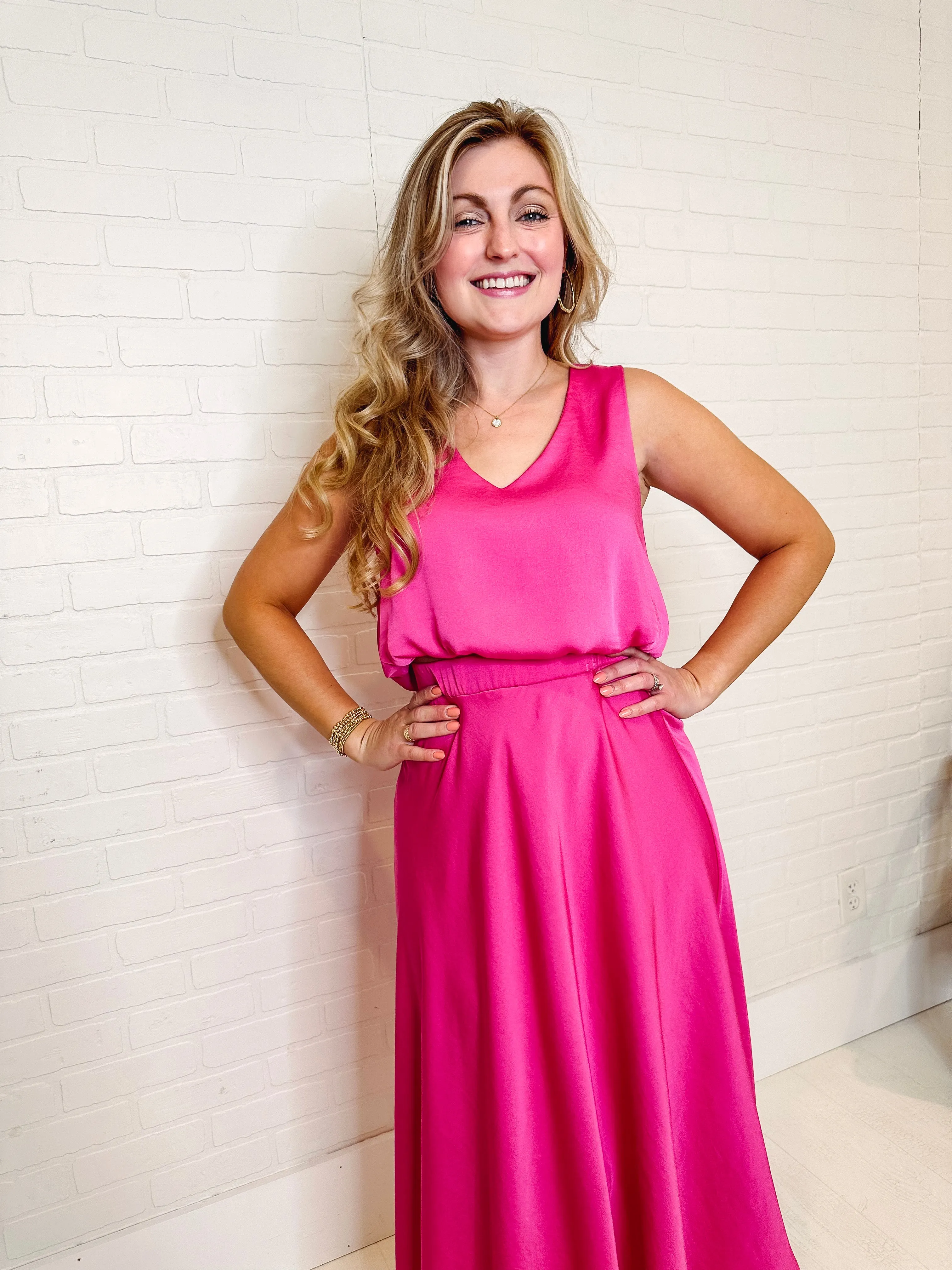 Tickled Pink Silk Midi Skirt + Cropped Tank Two-Piece Set