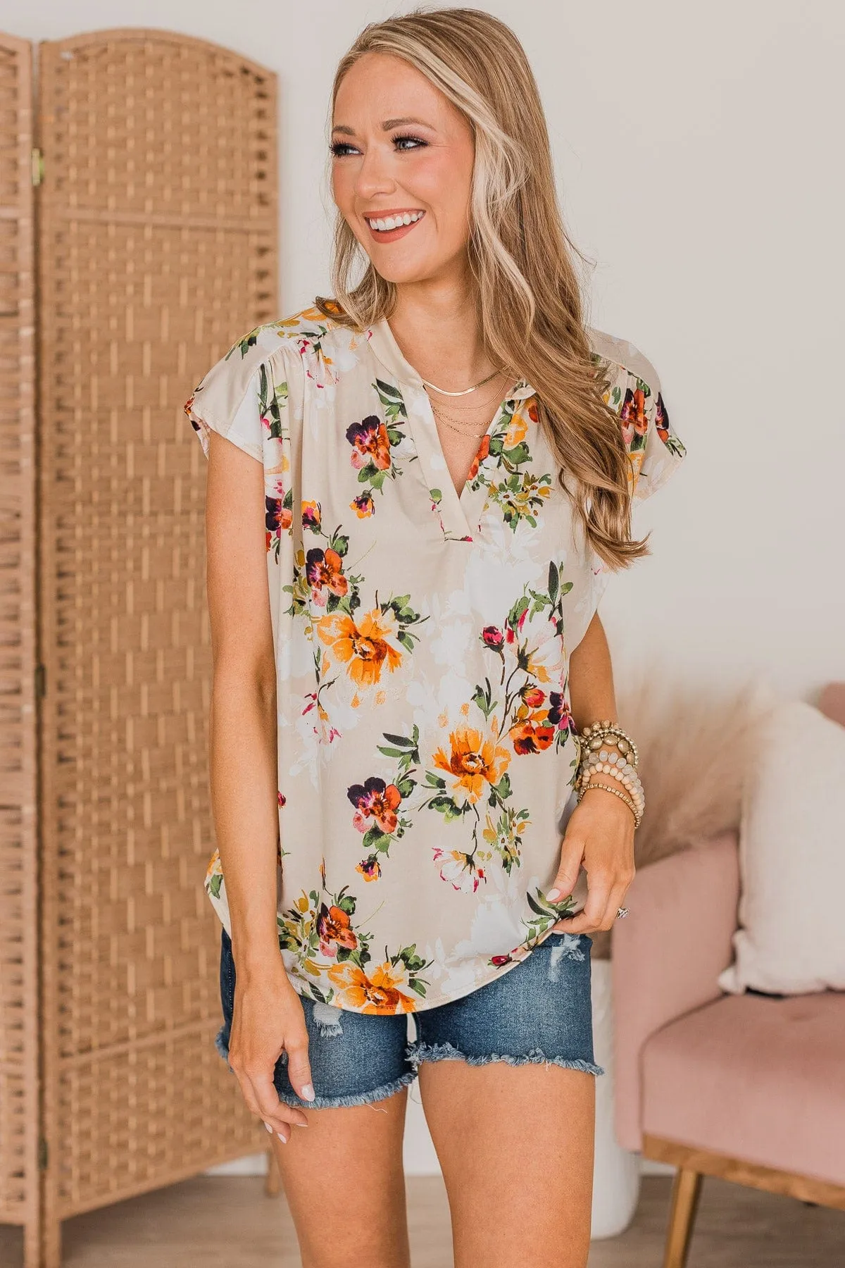 Tried Your Best Floral Top- Light Beige