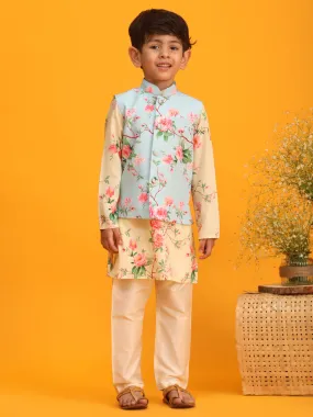 VASTRAMAY Boy's Aqua Blue Jacket With Yellow Floral Printed Kurta with Cream Solid Pyjama Set