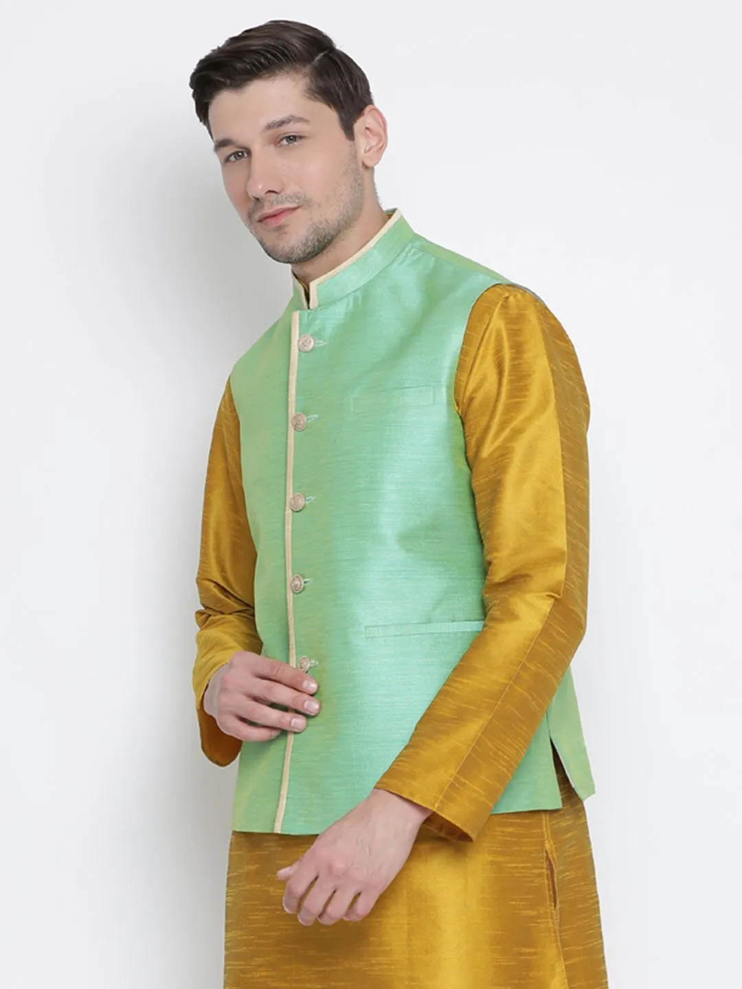 VASTRAMAY Men's Light Green Cotton Silk Blend Nehru Jacket