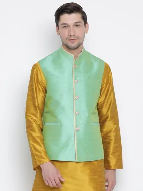 VASTRAMAY Men's Light Green Cotton Silk Blend Nehru Jacket