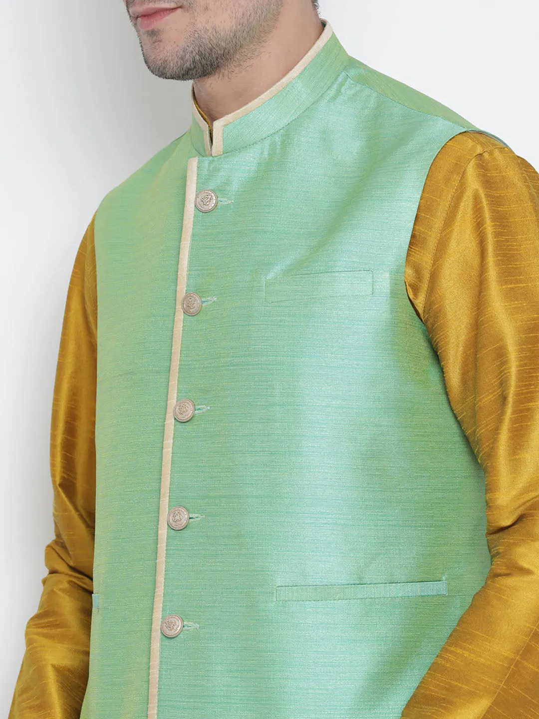 VASTRAMAY Men's Light Green Cotton Silk Blend Nehru Jacket