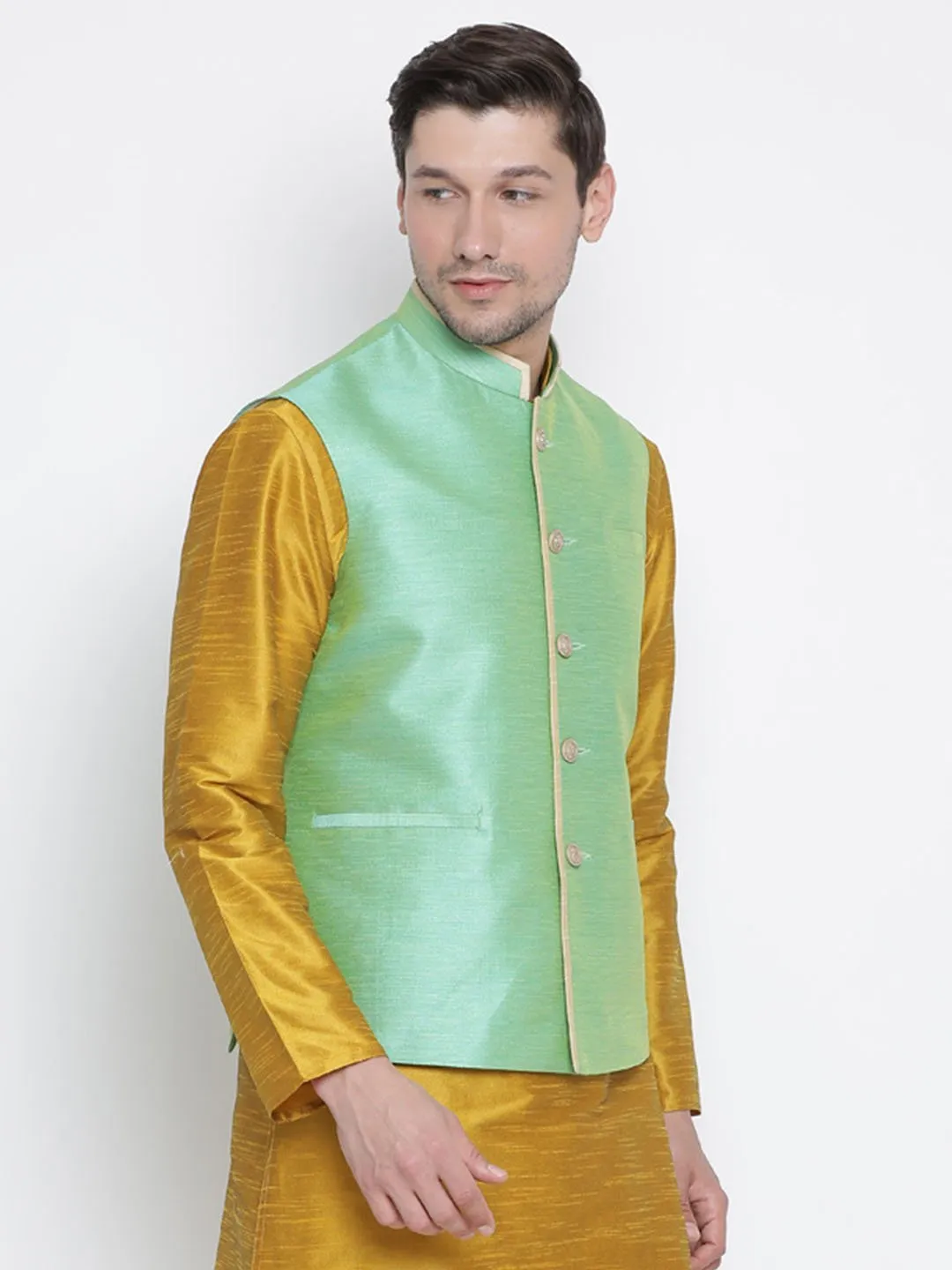 VASTRAMAY Men's Light Green Cotton Silk Blend Nehru Jacket