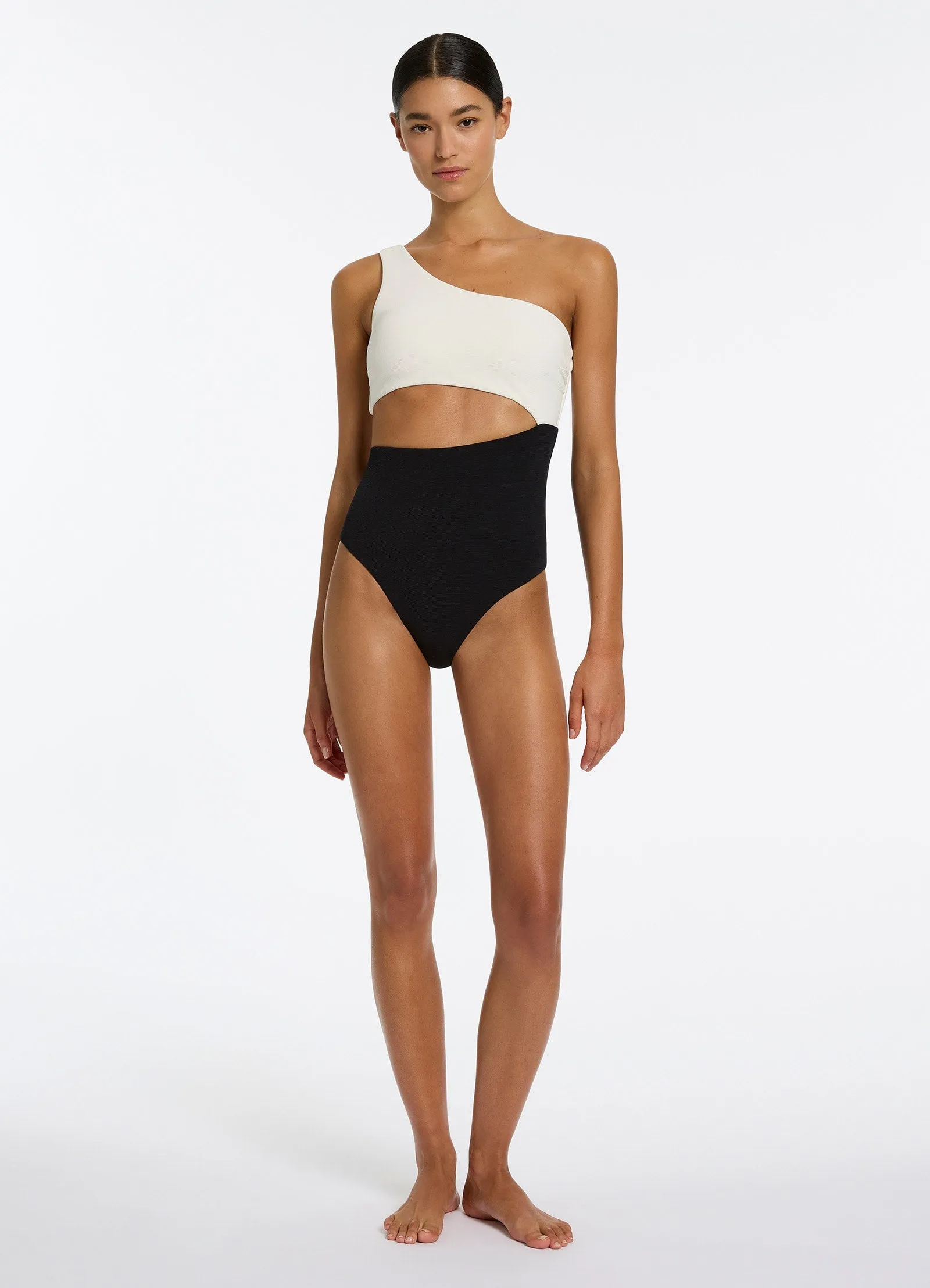 Versa Rib One Shoulder One Piece - Black/Cream