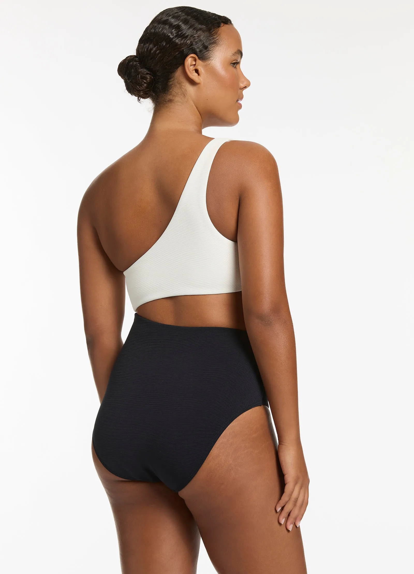 Versa Rib One Shoulder One Piece - Black/Cream