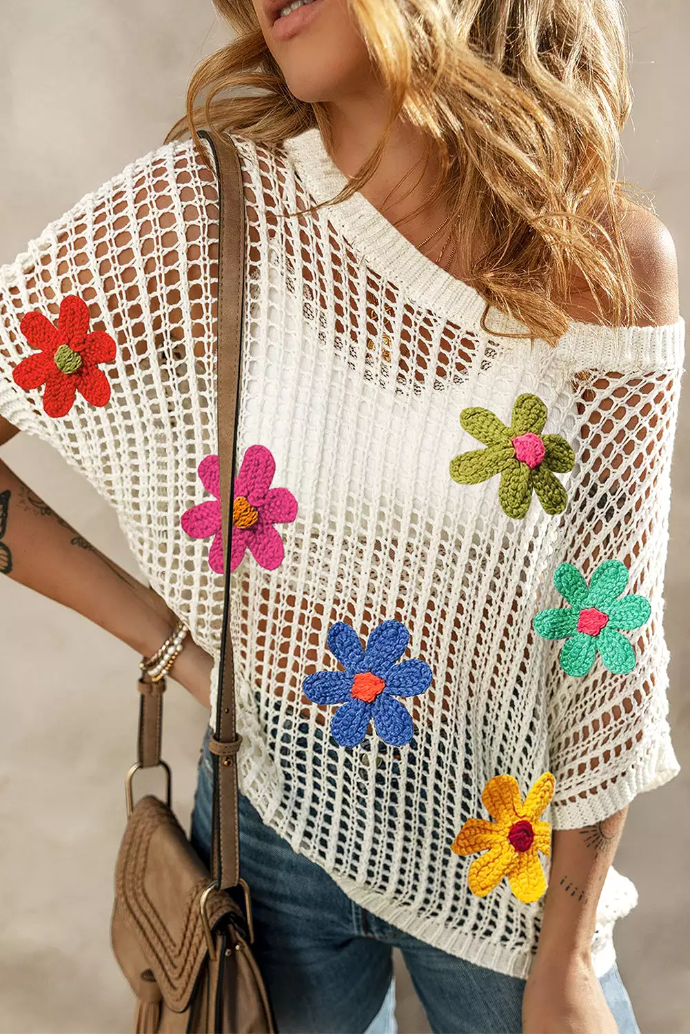 White Hollowed Crochet Colorful Flower Loose Knit T Shirt