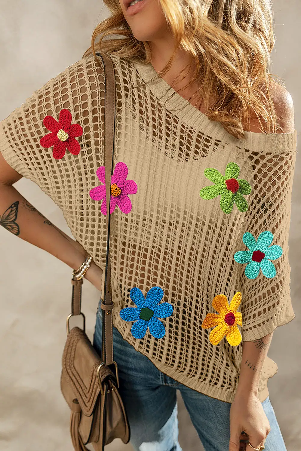 White Hollowed Crochet Colorful Flower Loose Knit T Shirt