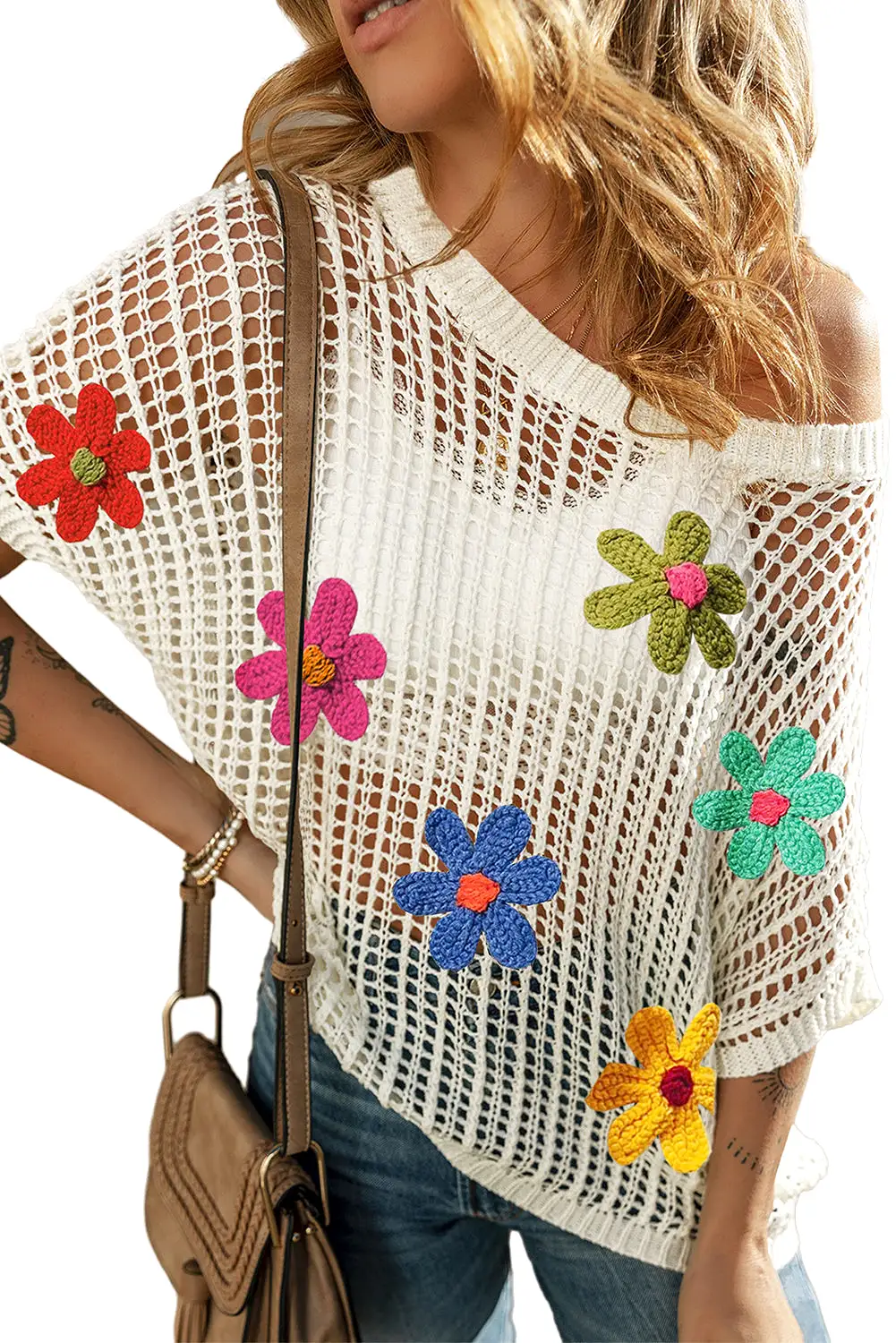 White Hollowed Crochet Colorful Flower Loose Knit T Shirt