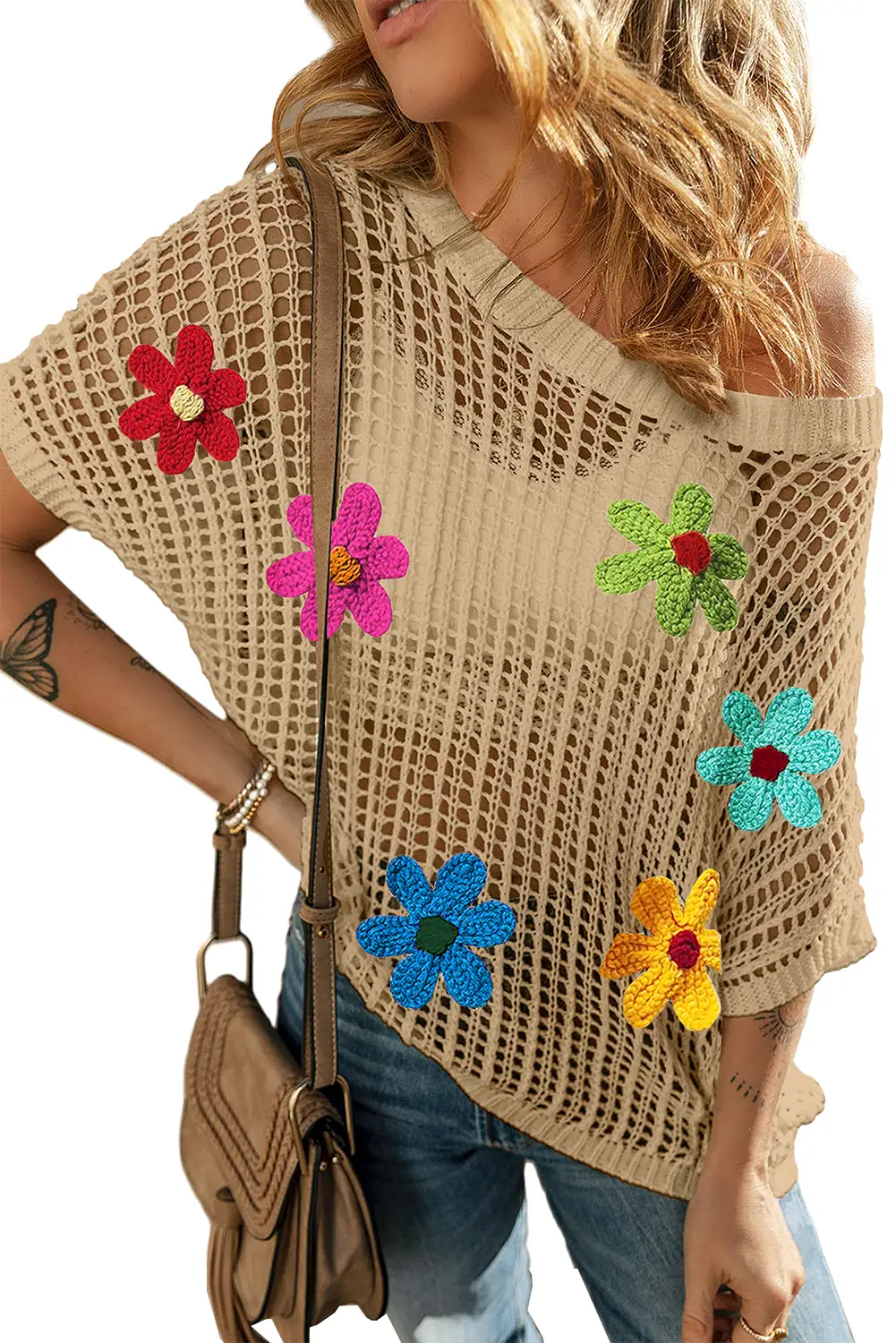 White Hollowed Crochet Colorful Flower Loose Knit T Shirt